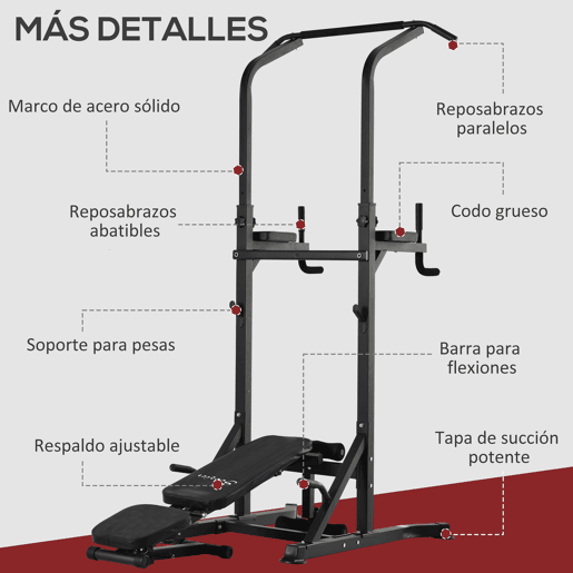 HOMCOM Estação de Musculação Torre de Treinamento Altura Ajustável com Barra de Flexões e Banco Dobrável para Fitness em Casa Academia Carga 150kg 99x178x230cm Preto