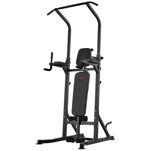 HOMCOM Estação de Musculação Torre de Treinamento Altura Ajustável com Barra de Flexões e Banco Dobrável para Fitness em Casa Academia Carga 150kg 99x178x230cm Preto