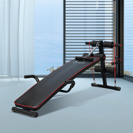 HOMCOM Banco de Abdominais com Altura Ajustável Banco de Musculação para Treinos de Abdomen Costas Pernas com 2 Cordas e 1 Puxador de Mola Carga Máxima 120 kg 55,5x137,5x68 cm Preto e Vermelho