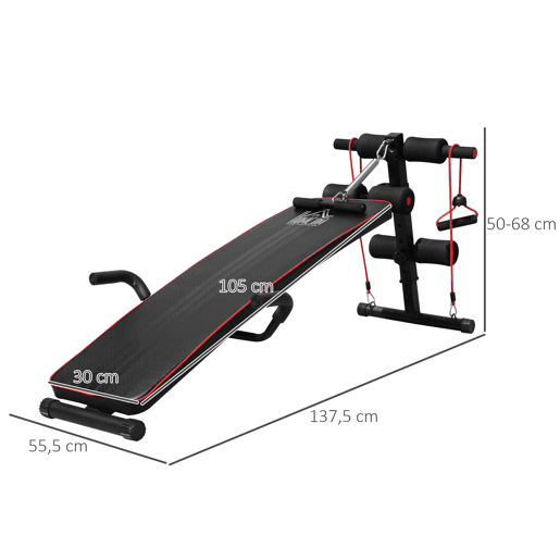 HOMCOM Banco de Abdominais com Altura Ajustável Banco de Musculação para Treinos de Abdomen Costas Pernas com 2 Cordas e 1 Puxador de Mola Carga Máxima 120 kg 55,5x137,5x68 cm Preto e Vermelho