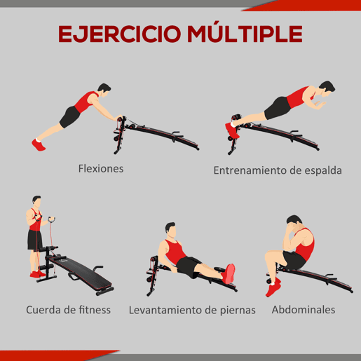 HOMCOM Banco de Abdominais com Altura Ajustável Banco de Musculação para Treinos de Abdomen Costas Pernas com 2 Cordas e 1 Puxador de Mola Carga Máxima 120 kg 55,5x137,5x68 cm Preto e Vermelho