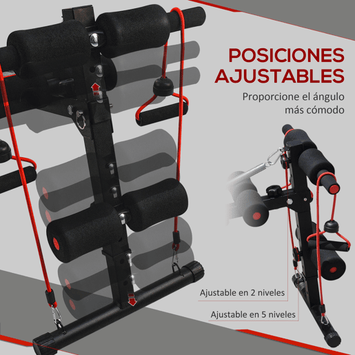 HOMCOM Banco de Abdominais com Altura Ajustável Banco de Musculação para Treinos de Abdomen Costas Pernas com 2 Cordas e 1 Puxador de Mola Carga Máxima 120 kg 55,5x137,5x68 cm Preto e Vermelho