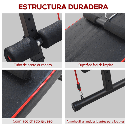 HOMCOM Banco de Abdominais com Altura Ajustável Banco de Musculação para Treinos de Abdomen Costas Pernas com 2 Cordas e 1 Puxador de Mola Carga Máxima 120 kg 55,5x137,5x68 cm Preto e Vermelho