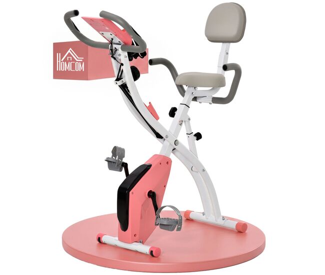 Homcom bicicleta estática plegable 3 en 1 con respaldo y 8 niveles resistencia magnética, bicicleta estática en casa ajustable con monitor lcd volante bandas sensor de pulso soporte de teléfono rosa