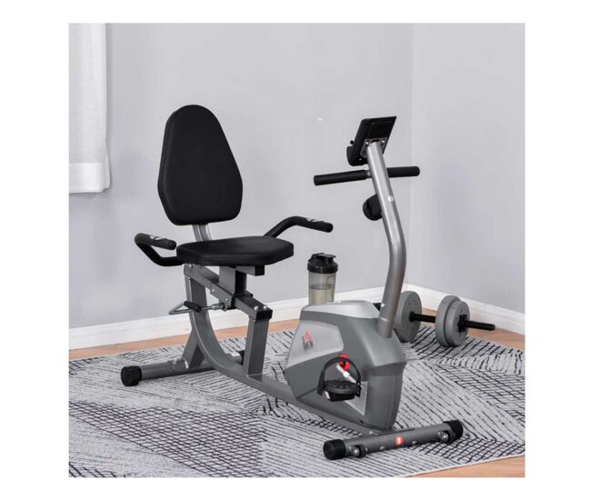 Homcom bicicleta estática con respaldo, 8 niveles resistencia magnética, bicicleta estática para casa, con volante, asiento ajustable, monitor lcd, pulsómetro, soporte de teléfono y ruedas, gris
