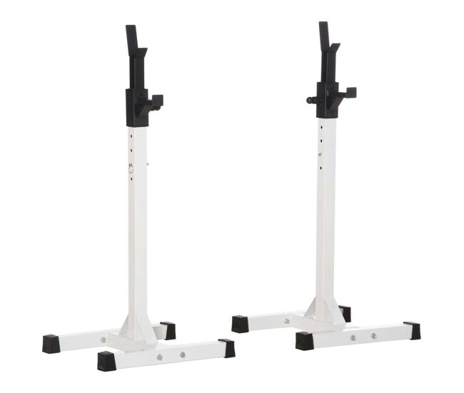 Homcom soporte para pesas soporte barra pesas de acero con altura ajustable en 12 niveles carga máx. 150 kg para entrenamiento en gimnasio hogar 52x48x105-160 cm blanco