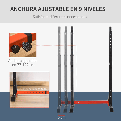 HOMCOM Suporte Ajustável para Barras de Peso Suporte Multifuncional para Exercício em Casa Escritório Carga 150kg Altura Ajustável 121-171cm Preto e Vermelho
