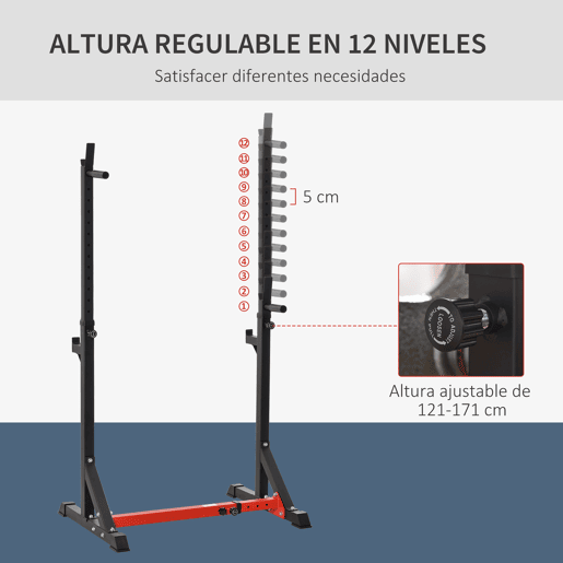 HOMCOM Suporte Ajustável para Barras de Peso Suporte Multifuncional para Exercício em Casa Escritório Carga 150kg Altura Ajustável 121-171cm Preto e Vermelho