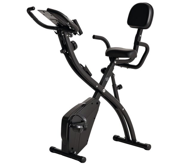 Homcom bicicleta estática plegable 3 en 1 con respaldo y 8 niveles resistencia magnética, bicicleta estática en casa ajustable con monitor lcd volante bandas sensor de pulso soporte de teléfono negro