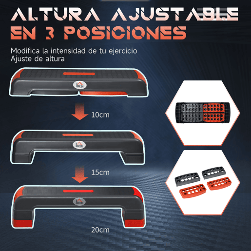 HOMCOM Plataforma Step Fitness Step de Aeróbico com Altura Ajustável de 101520cm Plataforma de Exercício em Casa Ginásio Oficina Carga 150kg 78x28x20cm Vermelho e Cinza