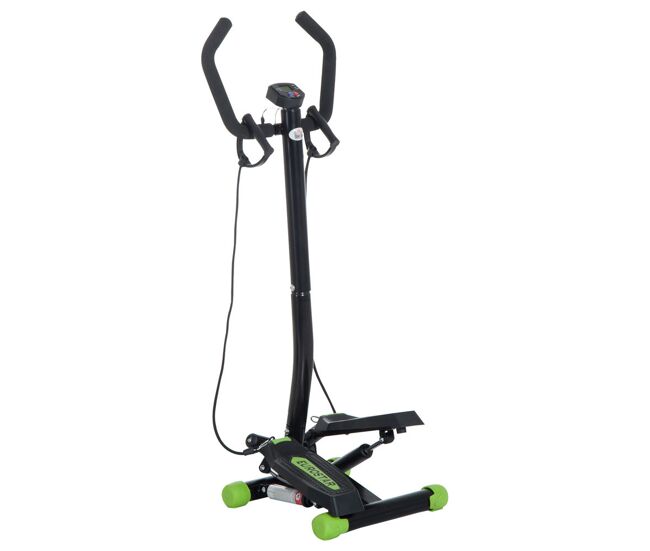 Homcom máquina de step de acero stepper up-down máquina de paso con 2 reposapiés 2 banda elástica y pantalla lcd pedales ajustables resistencia hidráulica para casa oficina 40x32x125 cm negro y verde