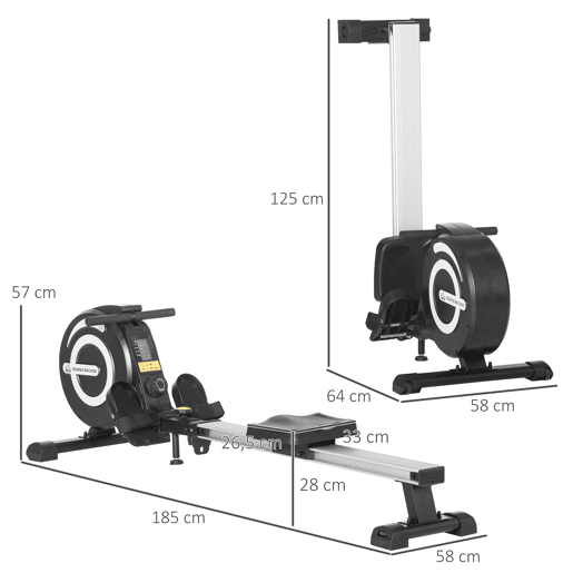 HOMCOM Máquina de Remo Dobrável com 8 Níveis de Resistência Magnética Volante de Inércia de 4kg Monitor LCD para Treinamento em casa Aço Alumínio 185x58x57cm Carga 120kg Preta e Prata