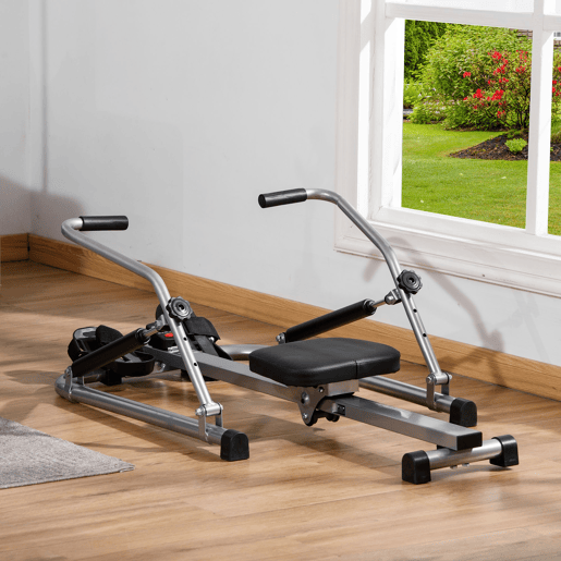 HOMCOM Máquina de Remo Hidráulico Dobrável com 4 Níveis de Resistência Ecrã Digital e Pedal Antiderrapante para Fitness em Casa Aço 129x70x70cm Preto e Prata