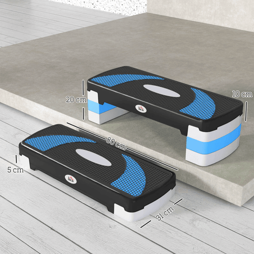 HOMCOM Step para Exercício Aeróbico Plataforma Step com Altura Ajustável em 3 Níveis com Carga Máxima 150kg para Exercício em Academia Casa 80x31x10-20cm Azul
