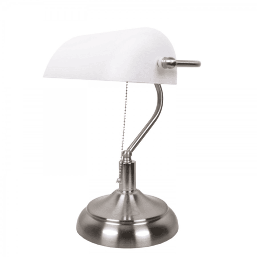 candeeiro de mesa em metal niquelado serie bancario 27cm