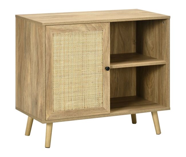 Homcom aparador de cocina buffet de salón mueble auxiliar de cocina con puerta de ratán y 2 estantes de almacenaje para comedor 80x39x70 cm natural