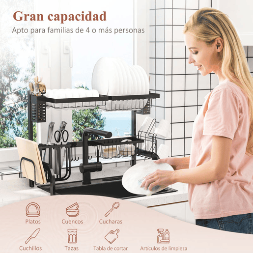 HOMCOM Escorredor de Louça de Aço Escorredor de Pratos de 2 Níveis com Suporte para Tábua Suporte para Talheres e 5 Ganchos 65x31,5x52,5cm Preto