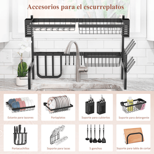 HOMCOM Escorredor de Louça de Aço Escorredor de Pratos de 2 Níveis com Suporte para Tábua Suporte para Talheres e 5 Ganchos 65x31,5x52,5cm Preto