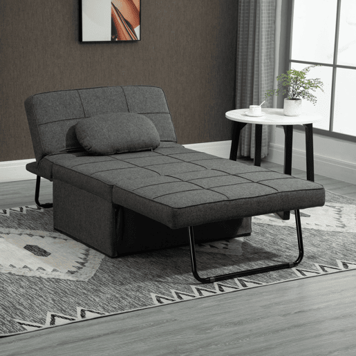 HOMCOM Sofá Cama Individual 3 em 1 Estofado em Linho Sofá Reclinável em 5 Posições com Apoio para os Pés e Apoio para a Cabeça para Sala de Estar Carga Máxima 200kg 95x189x43cm Cinza