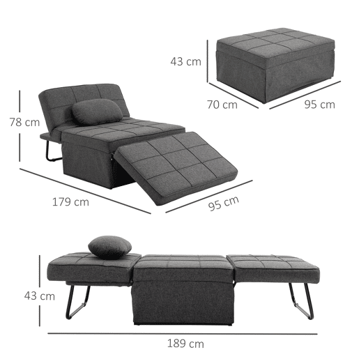 HOMCOM Sofá Cama Individual 3 em 1 Estofado em Linho Sofá Reclinável em 5 Posições com Apoio para os Pés e Apoio para a Cabeça para Sala de Estar Carga Máxima 200kg 95x189x43cm Cinza