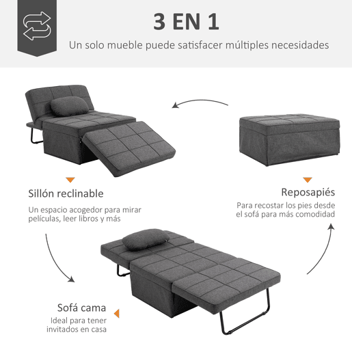 HOMCOM Sofá Cama Individual 3 em 1 Estofado em Linho Sofá Reclinável em 5 Posições com Apoio para os Pés e Apoio para a Cabeça para Sala de Estar Carga Máxima 200kg 95x189x43cm Cinza