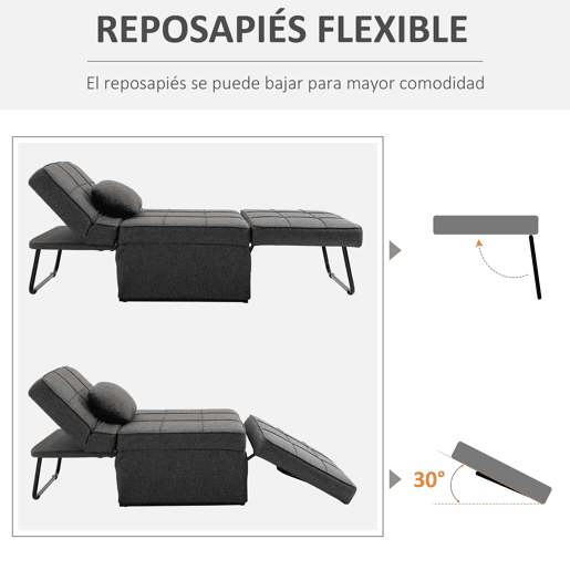 HOMCOM Sofá Cama Individual 3 em 1 Estofado em Linho Sofá Reclinável em 5 Posições com Apoio para os Pés e Apoio para a Cabeça para Sala de Estar Carga Máxima 200kg 95x189x43cm Cinza