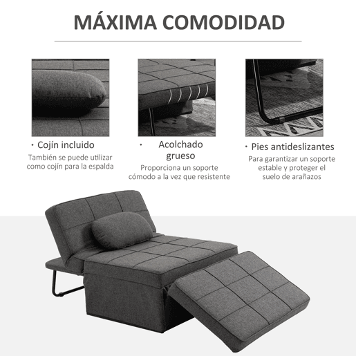 HOMCOM Sofá Cama Individual 3 em 1 Estofado em Linho Sofá Reclinável em 5 Posições com Apoio para os Pés e Apoio para a Cabeça para Sala de Estar Carga Máxima 200kg 95x189x43cm Cinza