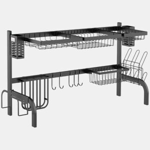 HOMCOM Escorredor de Louça de Aço Escorredor de Pratos de 2 Níveis com Prateleira para Pratos Suporte para Facas e Talheres 100x30x52,5cm Preto