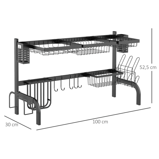 HOMCOM Escorredor de Louça de Aço Escorredor de Pratos de 2 Níveis com Prateleira para Pratos Suporte para Facas e Talheres 100x30x52,5cm Preto