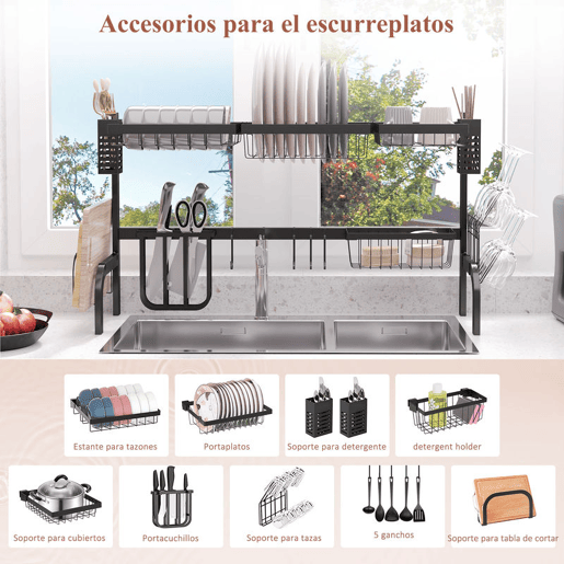 HOMCOM Escorredor de Louça de Aço Escorredor de Pratos de 2 Níveis com Prateleira para Pratos Suporte para Facas e Talheres 100x30x52,5cm Preto