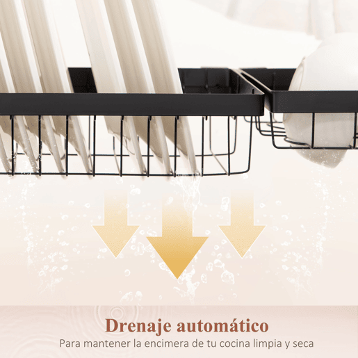 HOMCOM Escorredor de Louça de Aço Escorredor de Pratos de 2 Níveis com Prateleira para Pratos Suporte para Facas e Talheres 100x30x52,5cm Preto