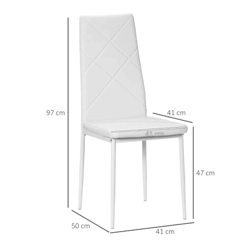 HOMCOM Conjunto de 4 Cadeiras de Sala de Jantar Estofadas em Couro Sintético Cadeiras de Cozinha com Encosto Alto e Pés de Aço Carga Máxima 120kg 41x50x97cm Branco