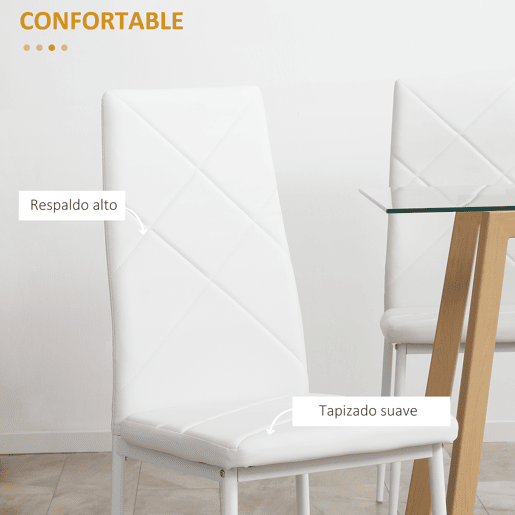 HOMCOM Conjunto de 4 Cadeiras de Sala de Jantar Estofadas em Couro Sintético Cadeiras de Cozinha com Encosto Alto e Pés de Aço Carga Máxima 120kg 41x50x97cm Branco