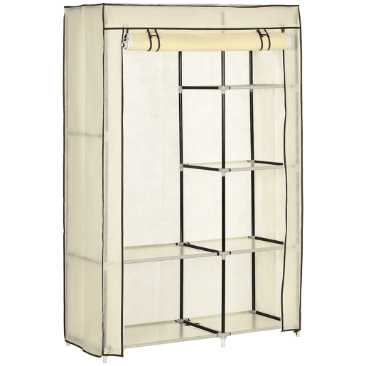 HOMCOM Roupeiro de Tecido Dobrável Armário de Roupa Portátil com 6 Prateleiras e 1 Barra de Pendurar para Dormitório Vestidor 103x43x162,5cm Creme