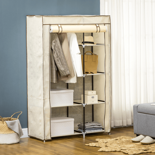 HOMCOM Roupeiro de Tecido Dobrável Armário de Roupa Portátil com 6 Prateleiras e 1 Barra de Pendurar para Dormitório Vestidor 103x43x162,5cm Creme