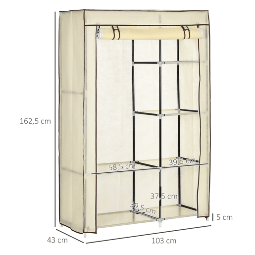HOMCOM Roupeiro de Tecido Dobrável Armário de Roupa Portátil com 6 Prateleiras e 1 Barra de Pendurar para Dormitório Vestidor 103x43x162,5cm Creme