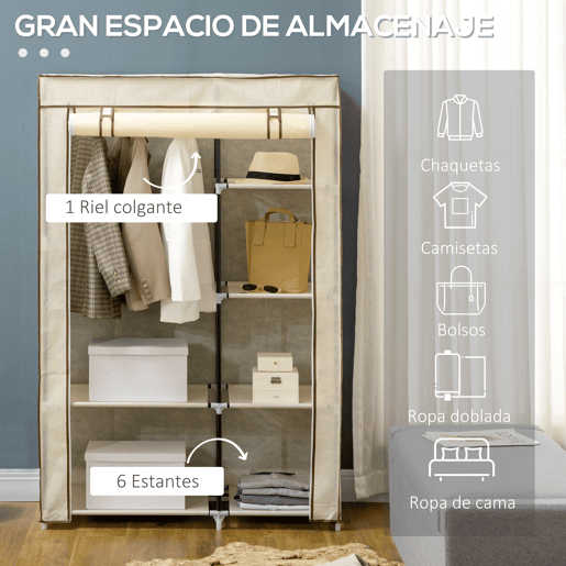 HOMCOM Roupeiro de Tecido Dobrável Armário de Roupa Portátil com 6 Prateleiras e 1 Barra de Pendurar para Dormitório Vestidor 103x43x162,5cm Creme