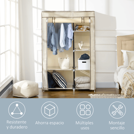 HOMCOM Roupeiro de Tecido Dobrável Armário de Roupa Portátil com 6 Prateleiras e 1 Barra de Pendurar para Dormitório Vestidor 103x43x162,5cm Creme