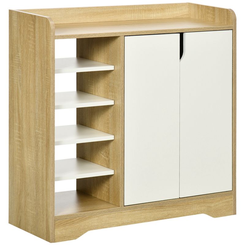 Homcom mueble zapatero moderno zapatero estrecho con 2 puertas estantes de almacenamiento para 13 pares de zapatos para entrada pasillo 80x30x80 cm natural y blanco