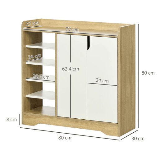 HOMCOM Sapateira Moderna Móvel para Sapatos Estreito com 2 Portas Prateleiras de Armazenamento para 13 Pares de Sapatos para Entrada Corredor 80x30x80xm Madeira e Branco