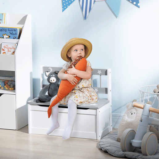 ZONEKEZ Baú Infantil 2 em 1 Organizador de Brinquedos para Crianças acima de 18 Meses Banco de Armazenamento Infantil com Tampa para Dormitório Sala de Jogos Carga 50kg 60x30x50cm Branco e Cinza
