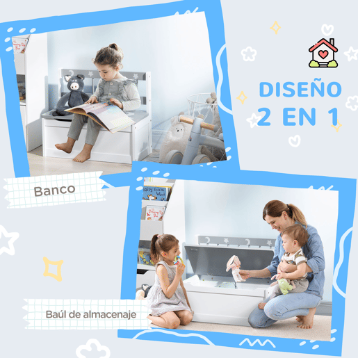 ZONEKEZ Baú Infantil 2 em 1 Organizador de Brinquedos para Crianças acima de 18 Meses Banco de Armazenamento Infantil com Tampa para Dormitório Sala de Jogos Carga 50kg 60x30x50cm Branco e Cinza
