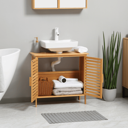 kleankin Móvel para Lavatório Pousar de Bambu com 2 Portas Armário Casa de Banho de Chão 66x29x61,5cm Madeira