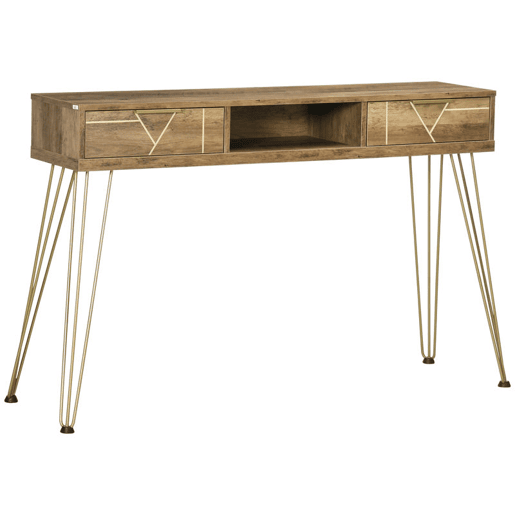 HOMCOM Consola Móvel de Entrada com 2 Gavetas Prateleira Aberta e Pés de Aço para Sala de Estar Corredor Estilo Moderno 120x29x79cm Madeira e Bronze