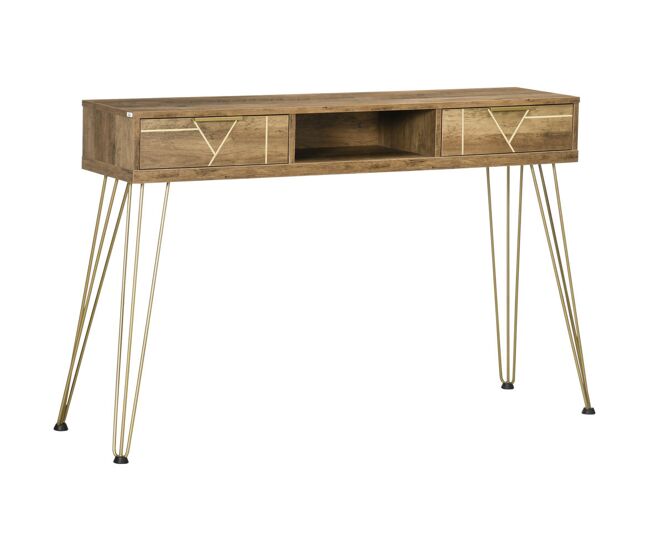 Homcom mesa consola mueble recibidor de entrada con 2 cajones estante abierto y patas de acero para salón pasillo estilo moderno 120x29x79 cm bronce