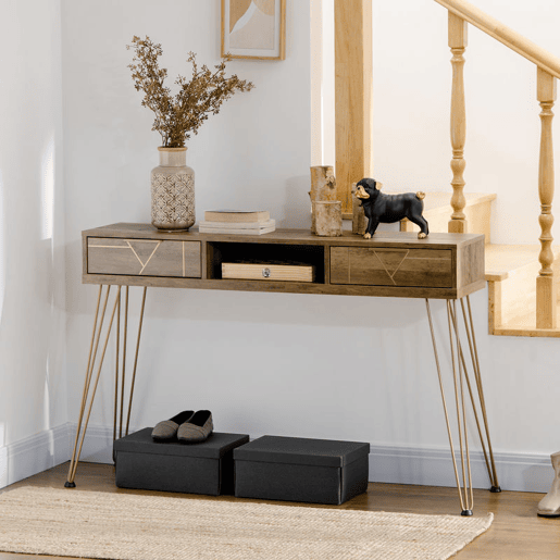 HOMCOM Consola Móvel de Entrada com 2 Gavetas Prateleira Aberta e Pés de Aço para Sala de Estar Corredor Estilo Moderno 120x29x79cm Madeira e Bronze