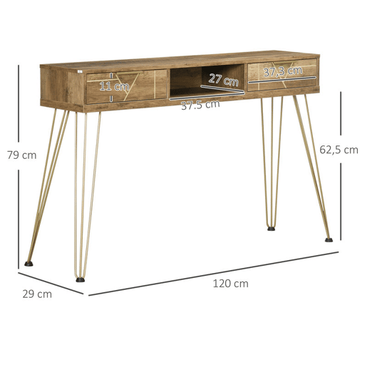 HOMCOM Consola Móvel de Entrada com 2 Gavetas Prateleira Aberta e Pés de Aço para Sala de Estar Corredor Estilo Moderno 120x29x79cm Madeira e Bronze