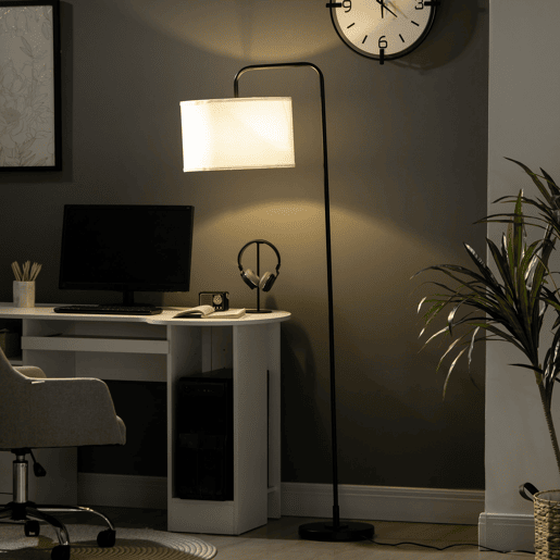 HOMCOM Candeeiro de Pé Moderno Lâmpada E27 Máx. 40W com Ecrã de Linho Estrutura de Aço e Interruptor de Pé Candeeiro de Leitura para Sala de Estar Dormitório 64x38x163,5cm Branco e Preto
