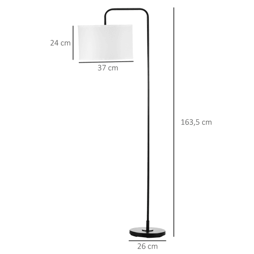 HOMCOM Candeeiro de Pé Moderno Lâmpada E27 Máx. 40W com Ecrã de Linho Estrutura de Aço e Interruptor de Pé Candeeiro de Leitura para Sala de Estar Dormitório 64x38x163,5cm Branco e Preto