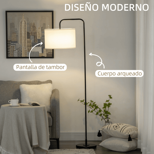 HOMCOM Candeeiro de Pé Moderno Lâmpada E27 Máx. 40W com Ecrã de Linho Estrutura de Aço e Interruptor de Pé Candeeiro de Leitura para Sala de Estar Dormitório 64x38x163,5cm Branco e Preto